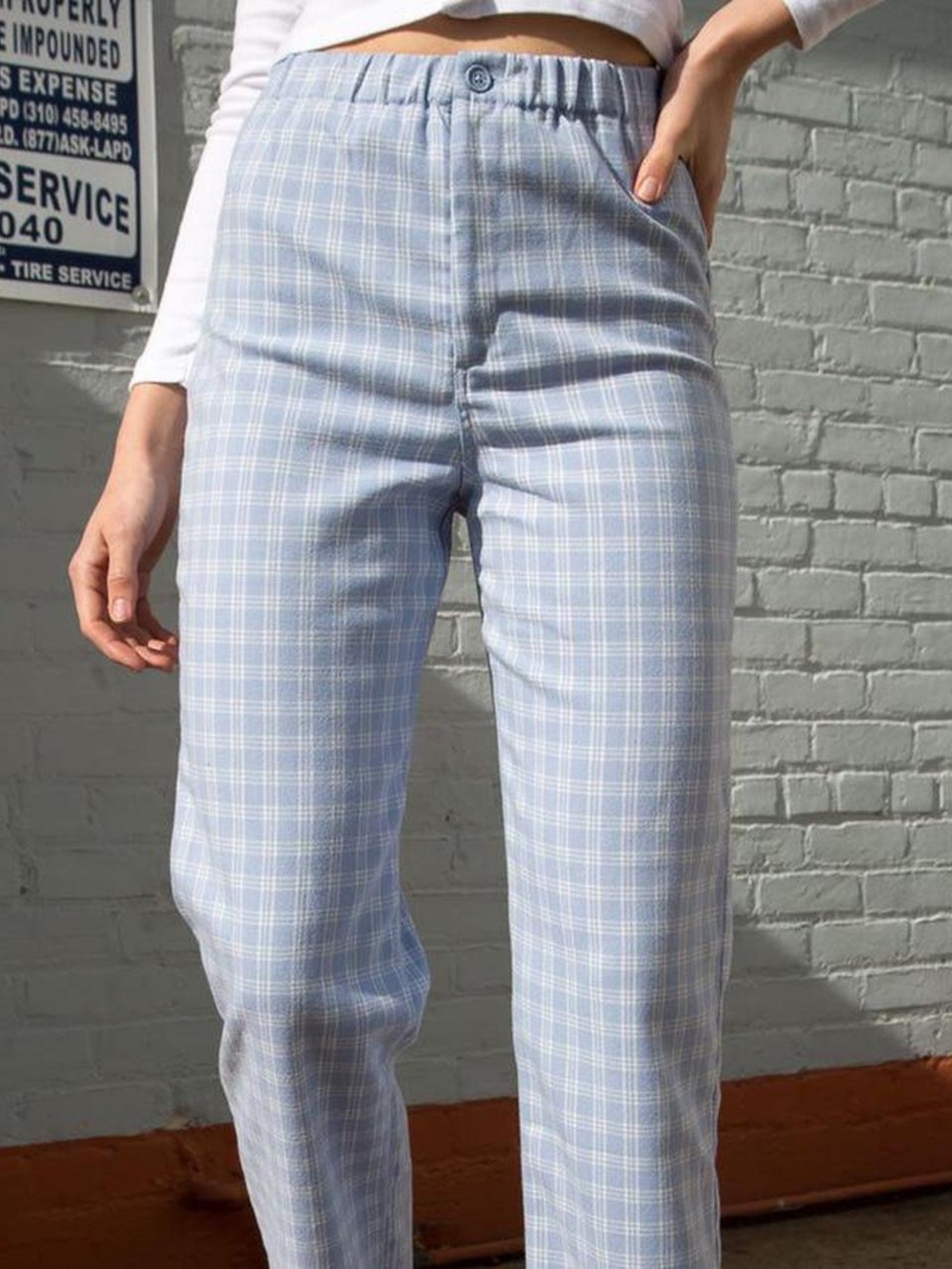 Brandy Melville Blue White Plaid Tilden High Rise Straight Leg Trousers Pants S